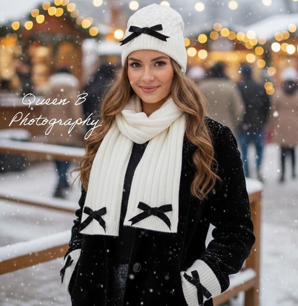 Kate Spade New York Winter Set, Beanie, Scarf, Gloves, Black Velvet Bows